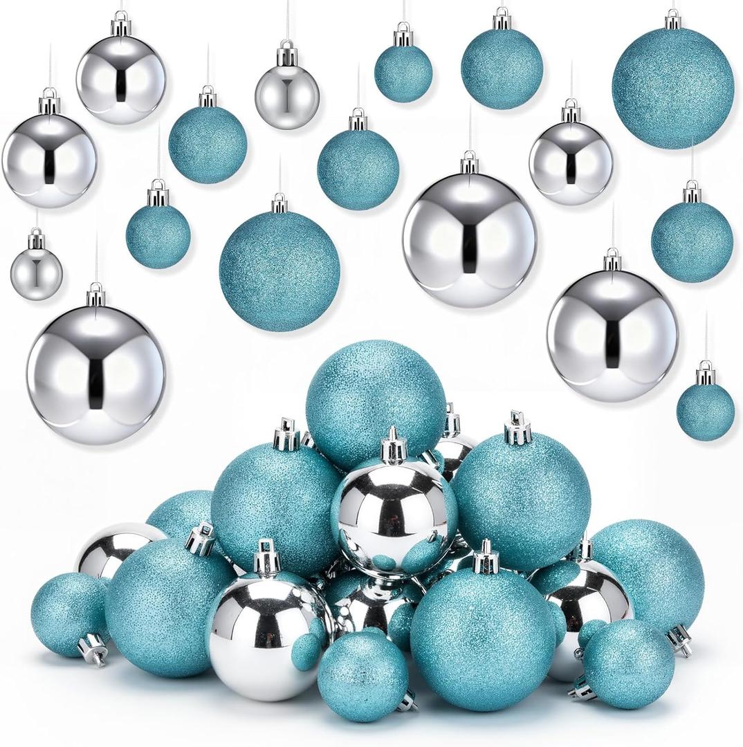 Baderke 36 Pcs 4 Sizes Christmas Ball Ornaments Xmas Christmas Tree Decorations Ball with Hanging Loop and Rope Holiday Party Wreath Home Decor (Turquoise and Silver, Mixed Style)