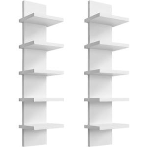 2 Pack 5 Tier Wall Shelf Unit - Narrow Smooth Laminate Finish - Vertical Column Wall Decor Mount Floating Storage Home Decor Organizer Tall Tower Utility Shelf for Bedrooms, Living Rooms,White