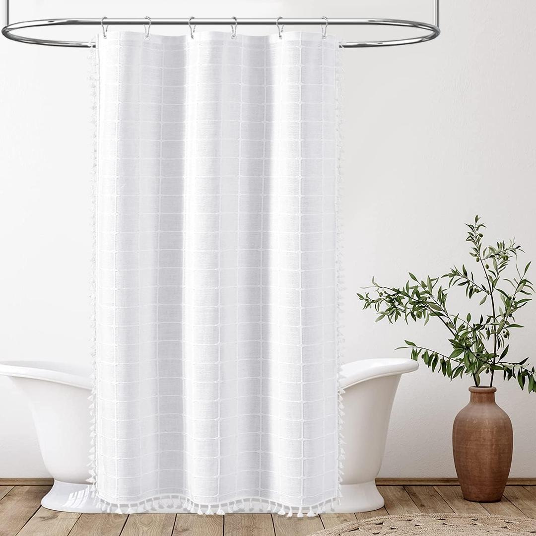 BTTN Boho Stall Shower Curtain - 36x72 Narrow Linen Ultra Thick Tassel Fabric Shower Curtain Set with 6 Plastic Hooks, Half Camper Modern Farmhouse French Country Shower Curtains for Bathroom - White