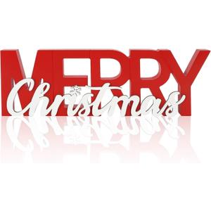 COCHIE Wooden Merry Christmas Sign, Winter Decorations for Home, Office, Shelf, Mantel, Indoor, Wood Snowflake Decor, Red White Table Top Party Decoration (Merry Christmas)