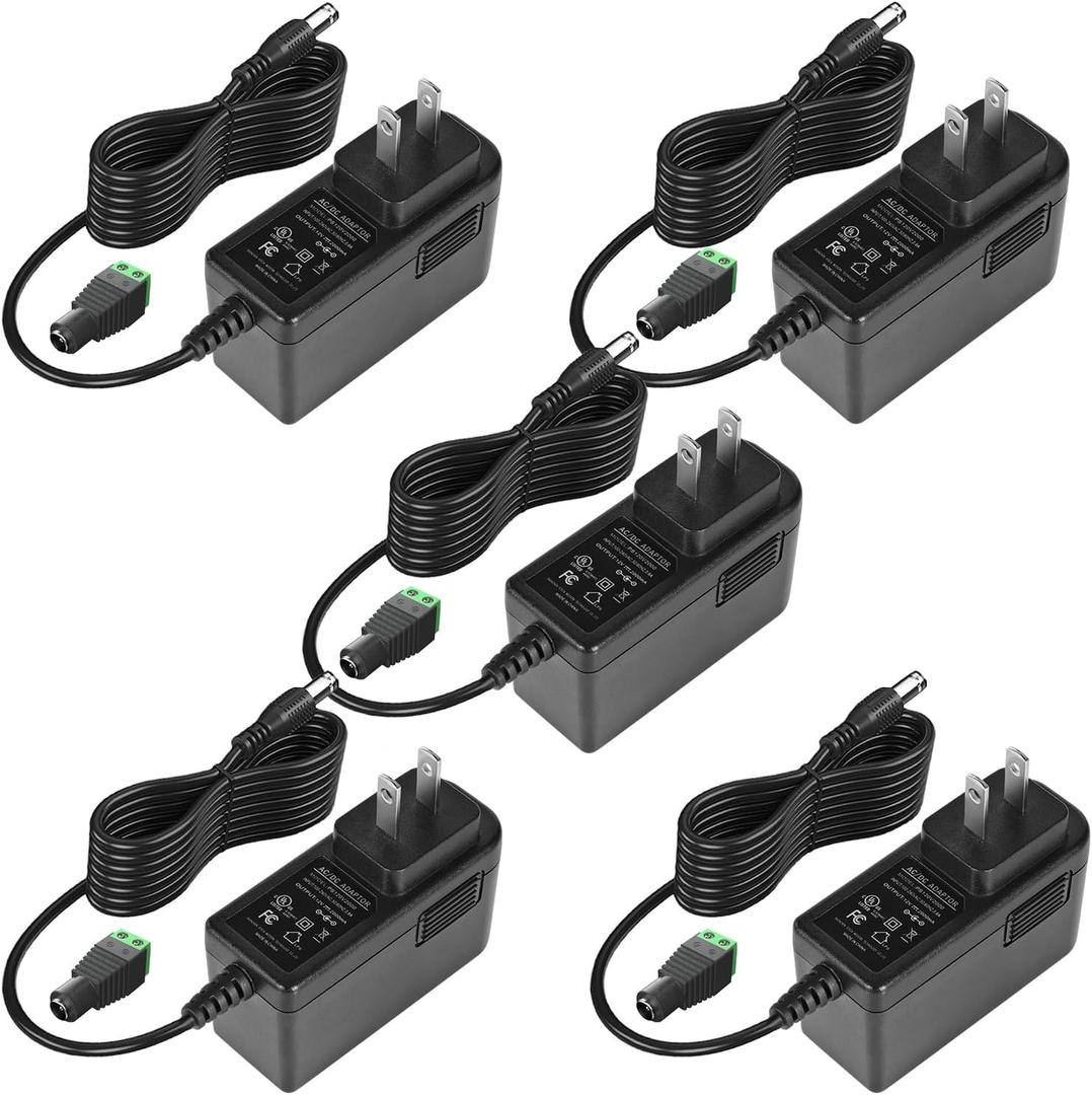 12V 2A Power Supply Adapter, UL-Listed, 120V AC to 12V DC Adapter Transformer, 12 Volt 2 Amp 24W Wall Charger for LED Strip Lights, Security Camera, 5.5x2.1mm US Plug (5 Pack)