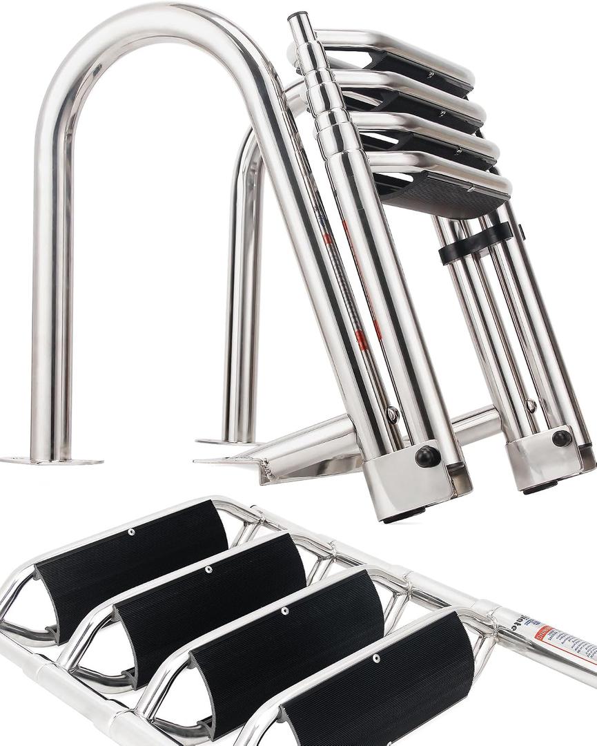 4-Step Heavy-Duty Stainless Steel Pontoon Boat Ladder with Extra Wide Steps & Handrails | Telescoping Folding Rear Entry Ladder, 600lbs Capacity, Marine-Grade 316 Stainless Steel