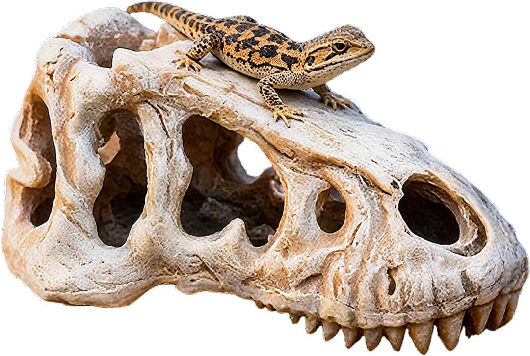 Bearded Dragon Basking Platform, Fish Tank Decorations, Reptile Resin Dinosaur Skull Decor, Reptile Tank Accessories, Dinosaur Fossil Hideout for Snake, Fish, Hermit Crabs, Geckos