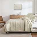 Beige Striped Queen Size Quilt Set, Lightweight Pick Stitch Bedspread with 2 Shams, Netural Soft Cloud Chambray Farmhouse Country Coverlet Rustic Thin Comforter Spring Summer, 3-Piece Bedding Set