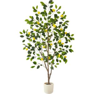 Artificial Lemon Tree, 6ft Tall Floor Faux Lemon Plastic Plant with White Planter, Fake Lemon Fruit Silk Tree for Indoor Home Decor Office Living Room
