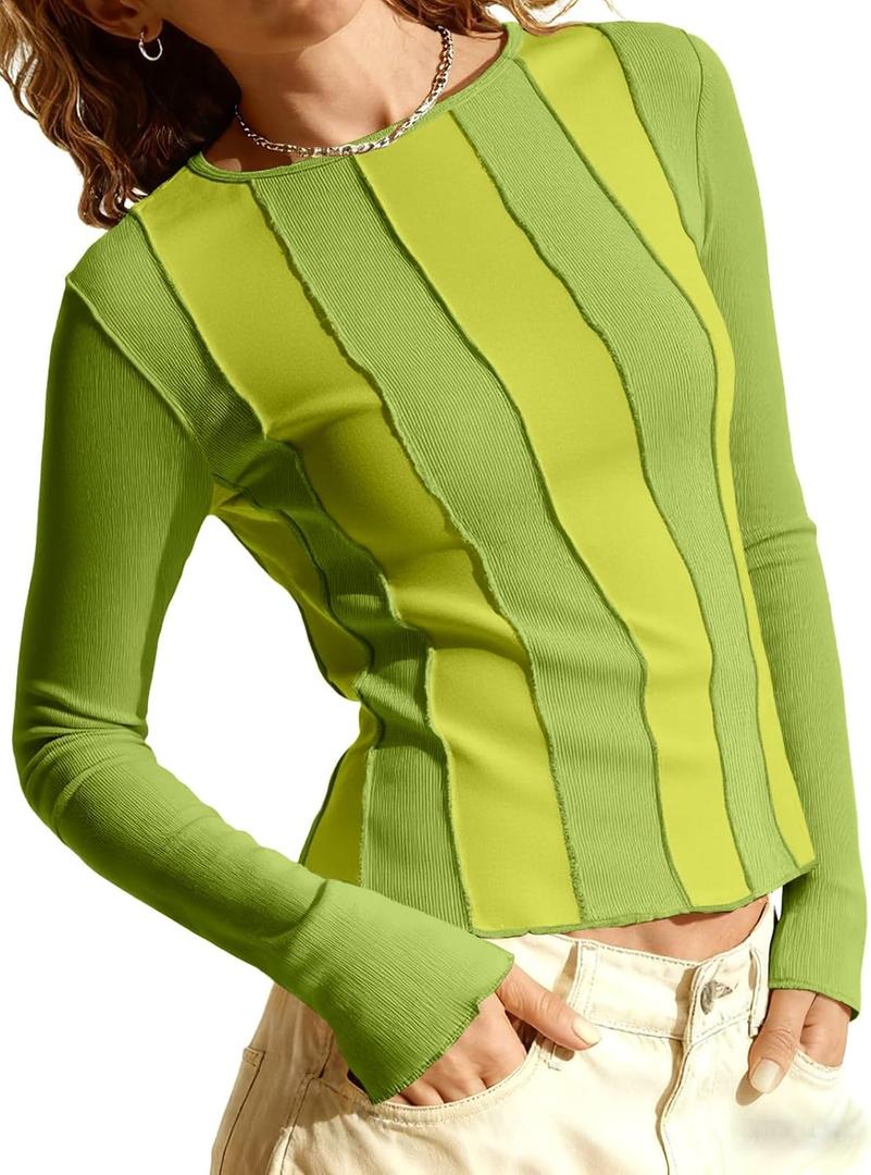 Tankaneo Womens Fitted Long Sleeve Shirts Ribbed Knit Going Out Tops Y2k Trendy Casual Crew Neck Tees Shirts (Small, Light Green)