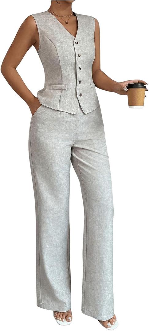 SOLY HUX Women's 2 Piece Outfits V Neck Button Down Vest Tops and High Waisted Pants Set Office Work Suit (L)