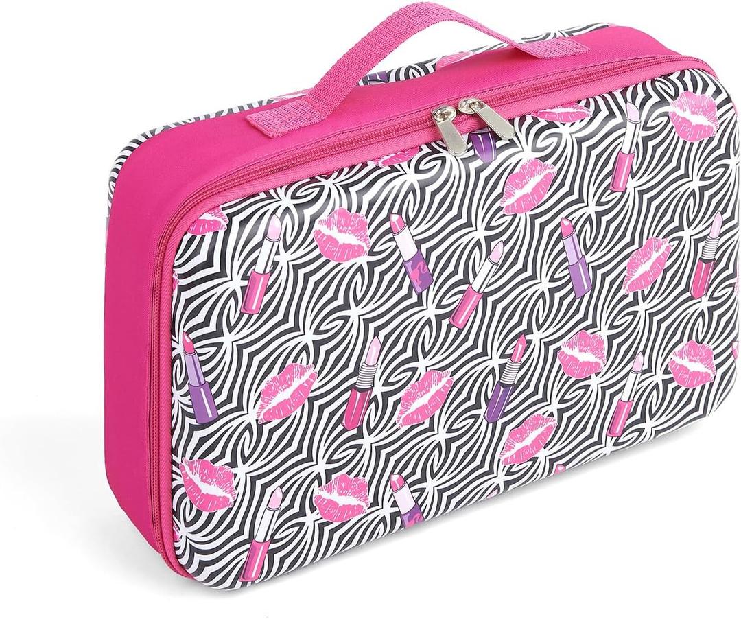 Badger Basket Stylish Travel Case for 12 Inch Fashion Dolls - Storage Solution with Pockets for Doll Accessories - Best for On-The-Go Travel - Lipstick Print Design