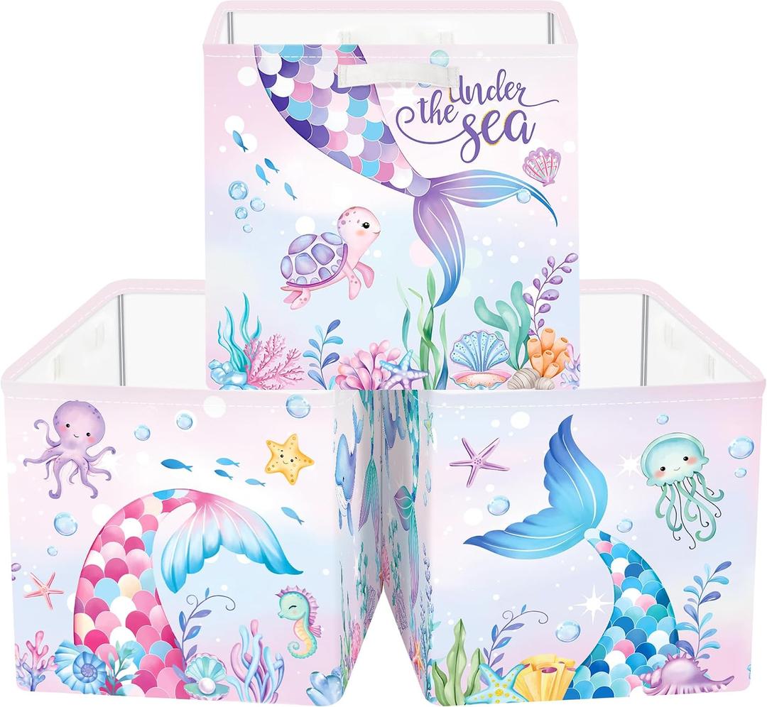 Clastyle Mermaid Tail Kid Storage Cube Organizer Set with Metal Frame Ocean Animal Turtle Closet Clothes Toy Storage Bin Nursery Toddler Girl Book Shelf Basket, Colorful Seaweed, 11.8x11.8x11.8 in