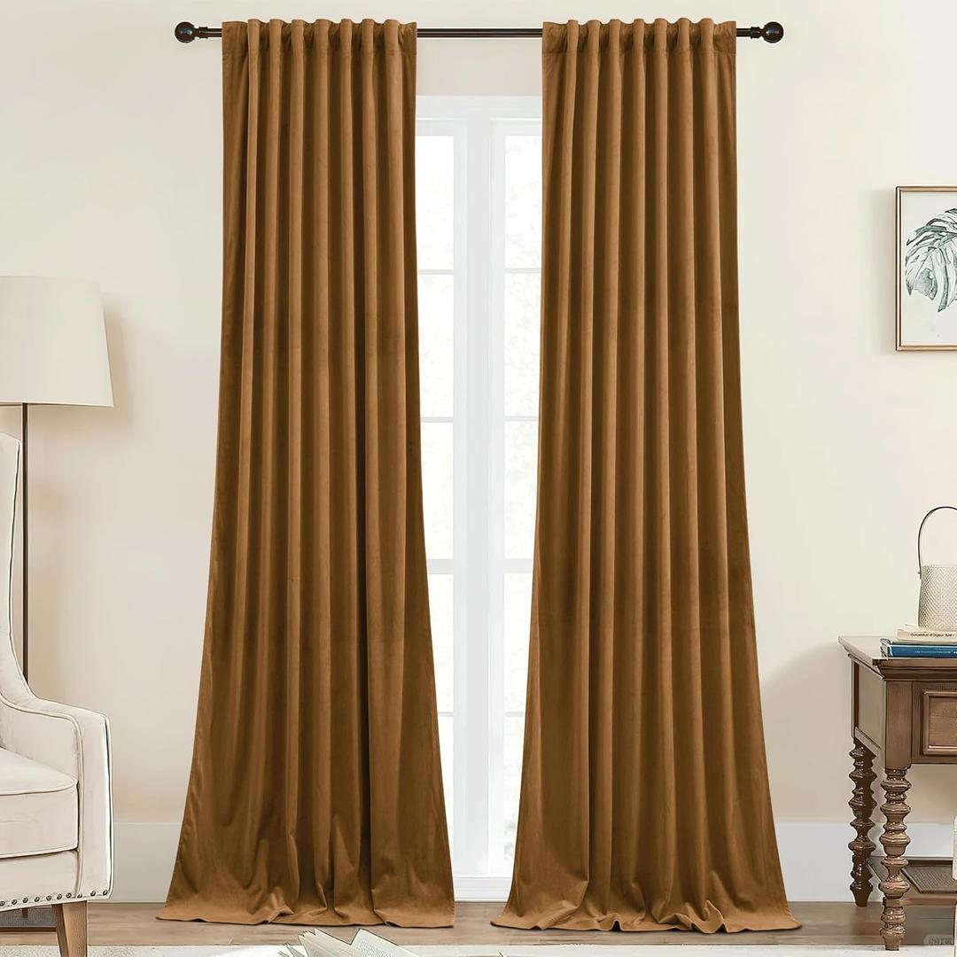 StangH Gold Brown Curtains for Bedroom Luxury Soft Velvet Room Darkening Thermal Insulated Drapes for Living Room Privacy Doorway Sliding Door Panels, W42 x L90, 2 Panels