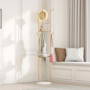Gold Coat Rack Stand, Metal Coat Racks Tree Hanger Freestanding with 3 Storage Shelves and 9 High-grade Hooks and Stable Marble Base, for JacketsHatUmbrella