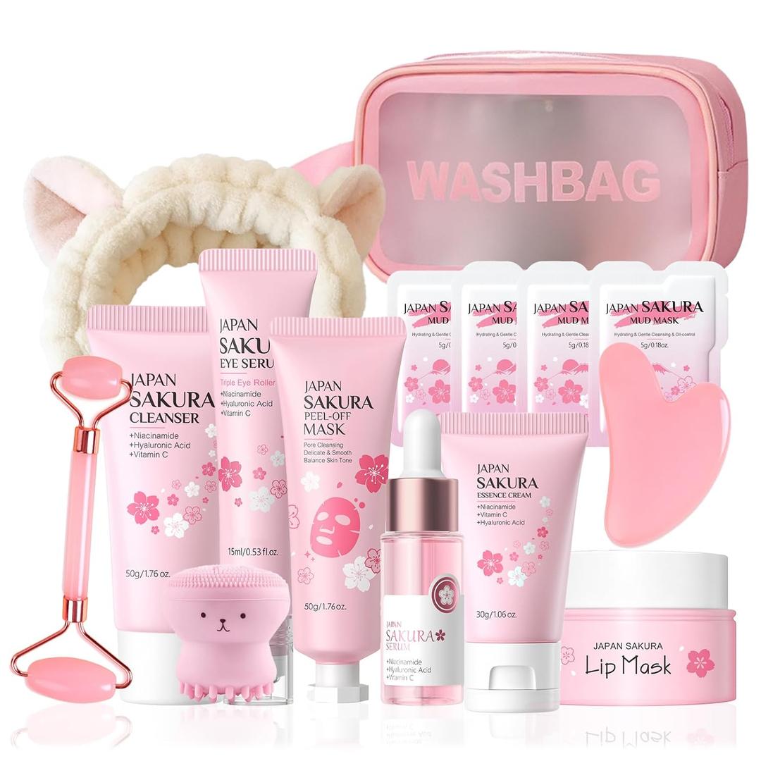 Japan Sakura Skin Care Set - Sakura Birthday Gifts For Teen Girls - Skin Care For Kids - 15 In 1 Skincare For Girls 10-12 Gift Set - Kids Skin Care Set For Girl Ages 8-12 - All Skin Types Gua Sha