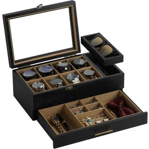 Watch Box with Tray, 2-Tier Watch Case for Large Dial Watches, 8-Slot Watch Display Case with Lid, Removable Watch Pillows, Drawer, Gifts for Men Women, Watch Organizer, Jewelry Box, Black