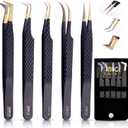 5 Pcs Fiber-Tip Japanese Steel Lash Tweezer Set with Leather Case, Professional Eyelash Tweezers for Lash Extensions  Titanium Coated, 90 & 45 Angled, Precision Pointed Tweezers (MATT BLACK)