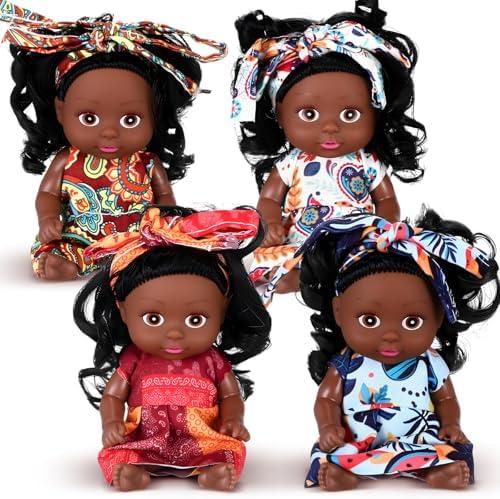 Hanaive 4 Pcs 4 Inch Mini Baby Dolls Lifelike Realistic Baby Dolls Animal Clothes Cute Tiny Gifts for Kids Birthday Party (Black Style)