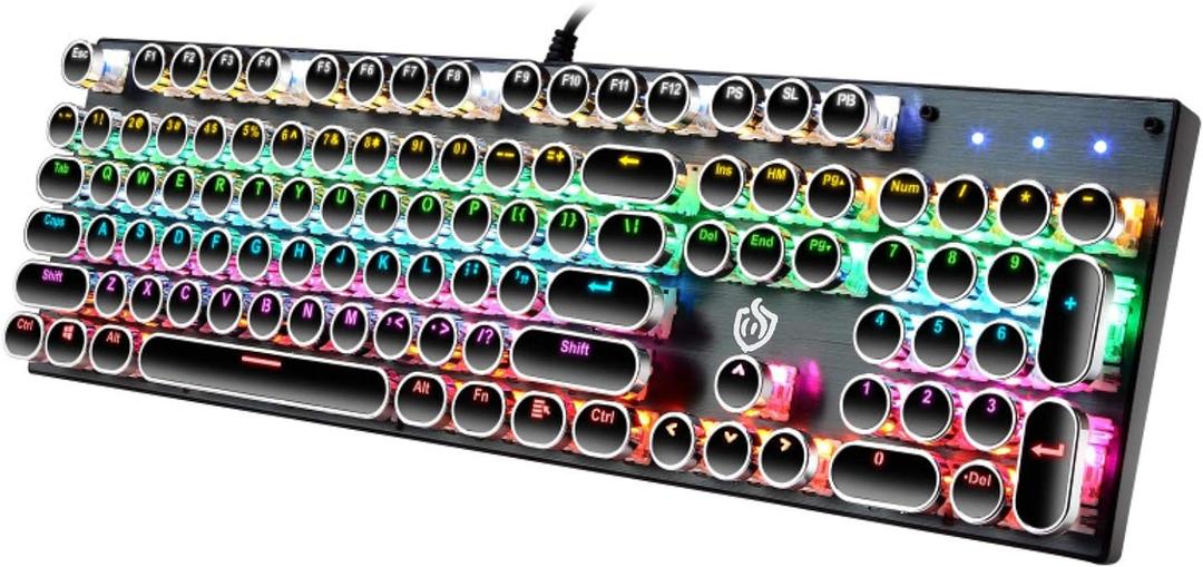 Typewriter Style Mechanical Gaming Keyboard LED Backlit Wired with Blue Switch Retro Round Keycap 104 Keys Keyboard (Black 104 Keys LED)