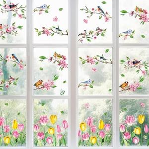 FYSUIMU 9 Sheets Spring Tulip Window Cling Sticker Pink Flower Bird Reusable Window Decals for Party Home Office Classroom Shop Windows Decor, 12 Packs