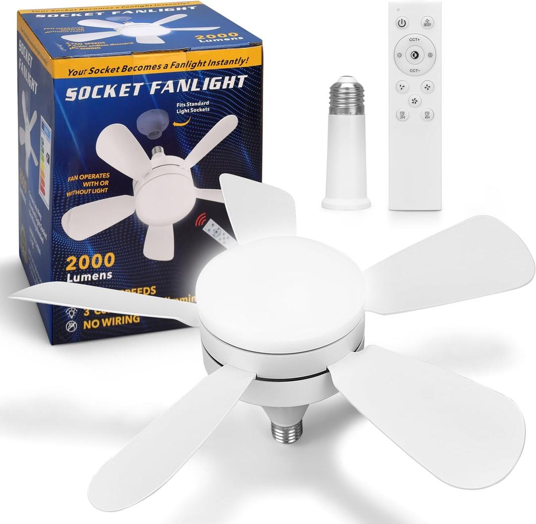 2000 Lumen Socket Ceiling Fan Light with Remote, E26 Socket, 3 Speed Noiseless Dimmable Fan, Adjustable CCT, 2/4H Timer, for Kitchen Bathroom Garage Bedroom, White