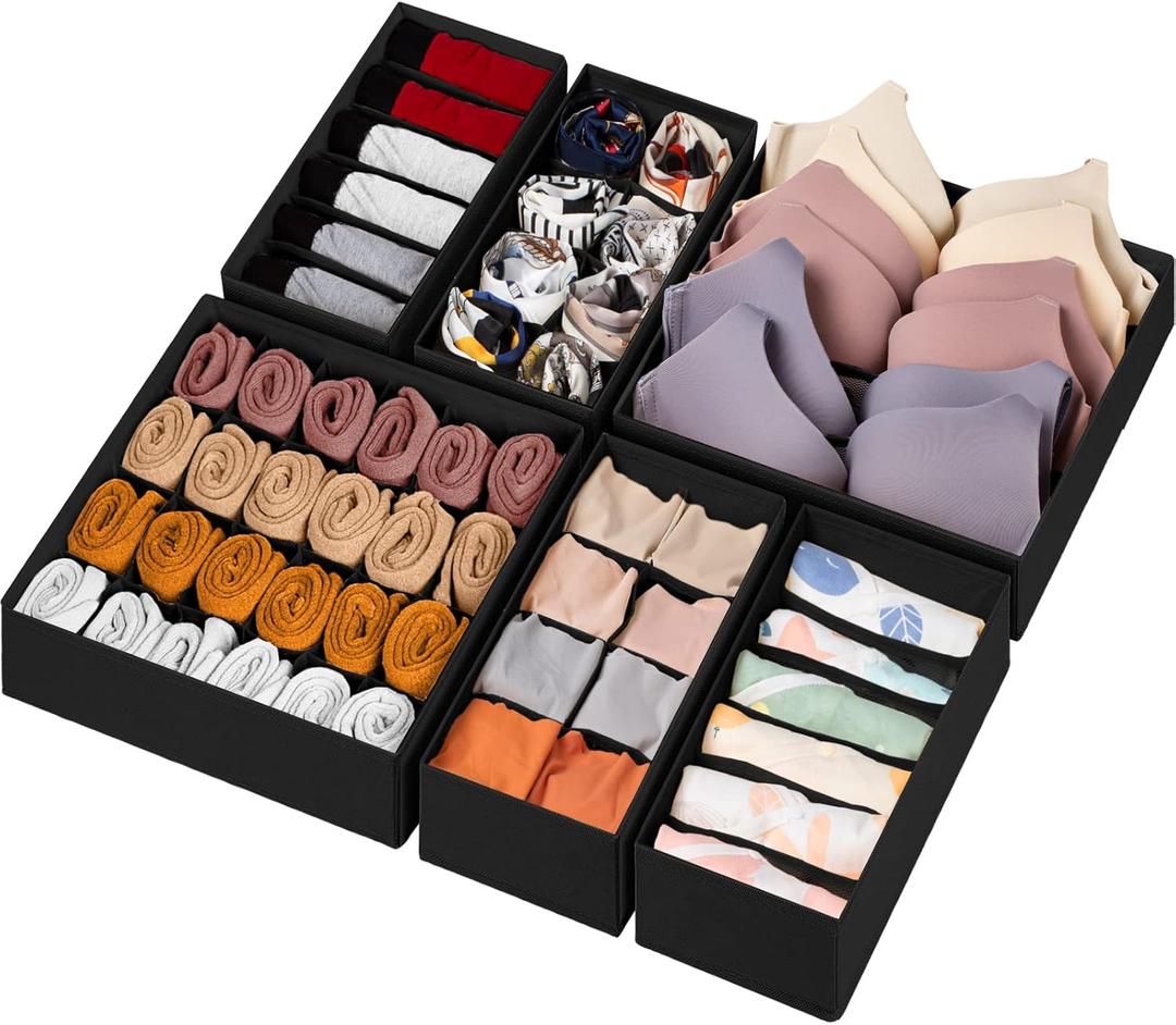 6 Pack Sock Underwear Drawer Organizer Dividers, 58 Cell Foldable Fabric Dresser Closet Organizers and Storage Bins for Clothing, Baby Clothes, Bra, Panty, Scarf, Ties (Black)