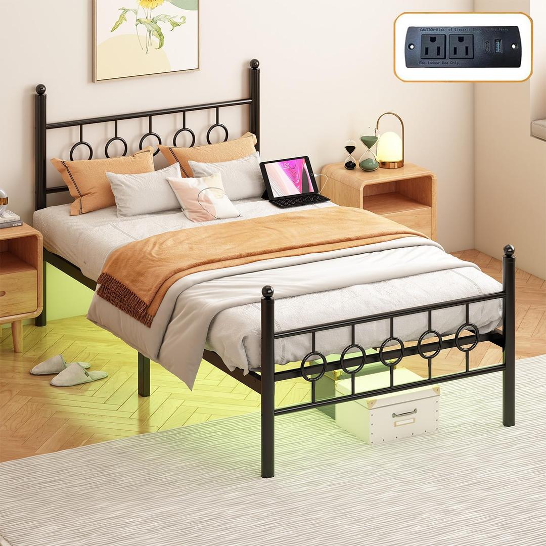 Jenmit Twin Bed Frames with Headboard, LED Bed Frame with Charging Station, Metal Platform, Under-Bed Storage, No Box Spring Needed, Noise Free, Easy Assembly, Black