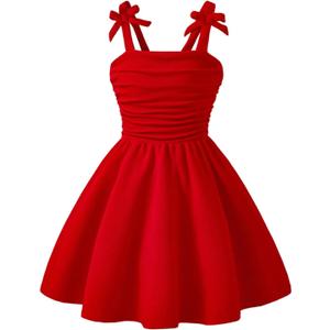 WDIRARA Girl's Bow Sleeveless A Line Mini Dress Ruched Ruffle Swing Cami Dresses Red 11Y