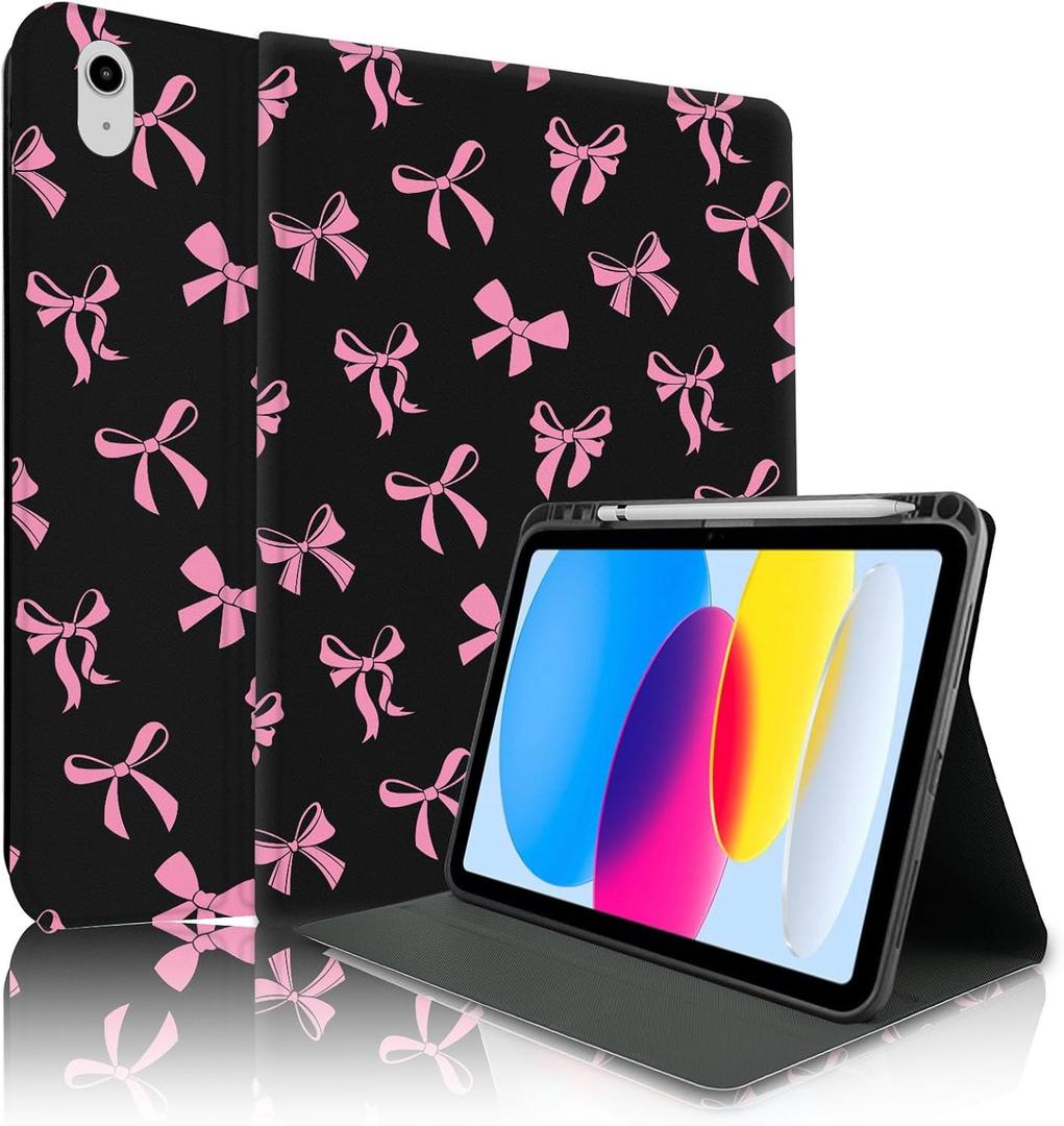 TopPerfekt Case for iPad 11th (A16) 11-inch 2025/ 10th Generation 10.9-inch 2022, Pink Bow Cute Chic Adorable Aesthetics with Pencil Holder for Kids, Boys,Girls, Anti-Slip,Anti-Shock,Black - Pink Bow