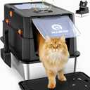 Stainless Steel Litter Box with Lid, Anti-Leakage Enclosed Metal Litter Box, Flip-Top Extra Large Kitty Litter Pan with Scoop & Pedal, Odor Free, Front & Top Dual Entry, Black
