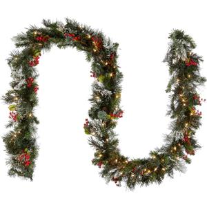 National Tree Company 9 ft Pre-Lit Wintry Pine Flocked Artificial Christmas Garland, Christmas Decoration with Pinecones, Red Berries, 100 Clear Lights, 184 Tips, Green, 108X12X6