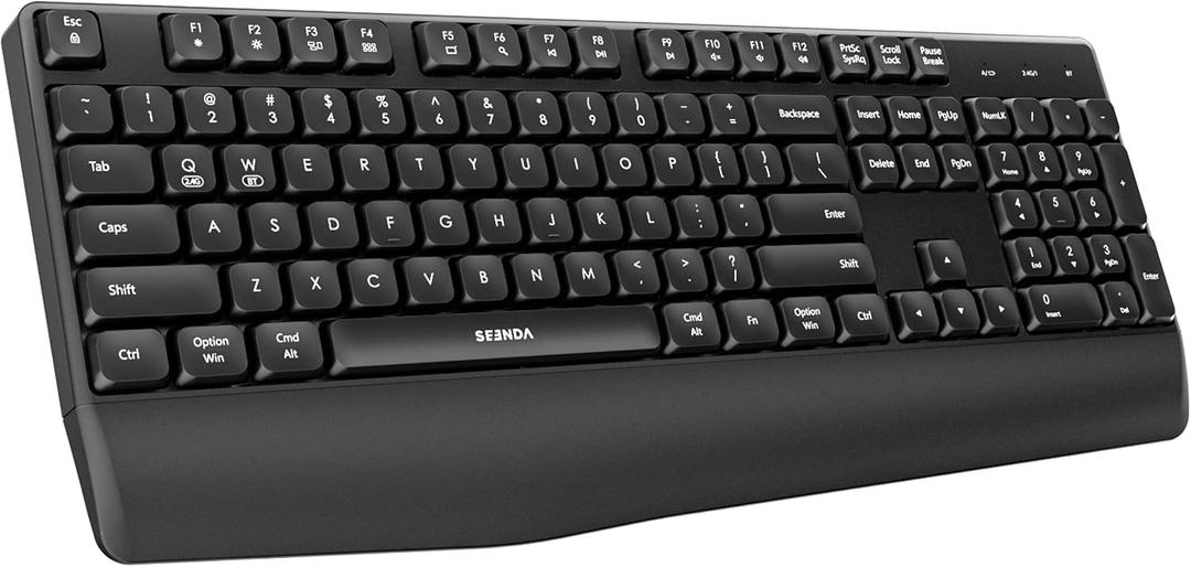 seenda Bluetooth Wireless Keyboard, Wireless Ergonomic Keyboard with Wrist Rest, Multi-Device Bluetooth Keyboard with Number Pad, Full-Size Keyboard for Laptop/MacBook/Mac/Windows, Black