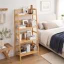 Bamboo Ladder Shelf, 4-Tier Wooden Ladder Bookshelf & Bookcase Organizer, 21"W x 12.5"D x 50"H