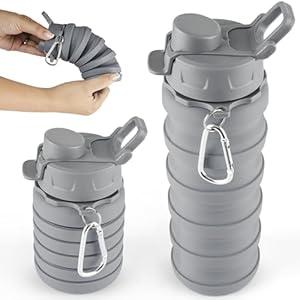 Spacesaver Collapsible Water Bottle - Foldable Water Bottle - Silicone Water Bottle - Travel Water Bottle Collapsible - Lightweight, Flexible, Portable, Compact - Camping, Hiking, Traveling - Grey