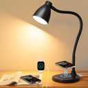 BOHON Desk Lamp for Home Office, LED Desk Light with USB C+A Charging Ports, Wireless Charger, 5 Colors Stepless Dimming Reading Light Timer, Touch Bedside Table Lamp for College Dorm Room Black