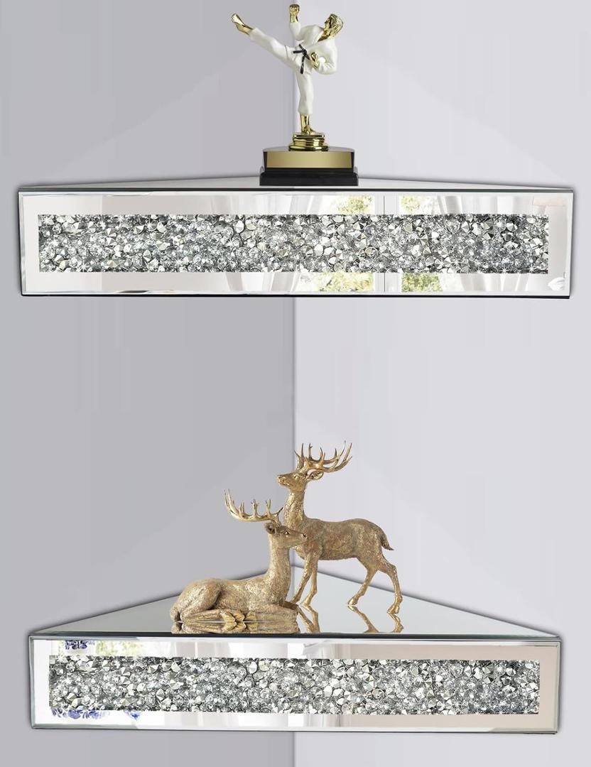 Mirrored Floating Corner Shelf, Silver Mirror Crushed Diamond Decorative Wall Shelf for Home Decoration Crystal Diamond Wall Art Decor Accent Piece Showcase 11.8" L11.8" W3.1" H, Set of 2 (11.811.83.1 inches)