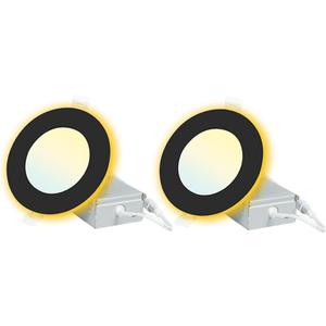4 Inch Black Ultra-Thin LED Recessed Lights with Night Light 2 Pack, Canless Wafer, 2700K-5000K Selectable, 9W, 120V, 750LM, Dimmable, ETL FCC