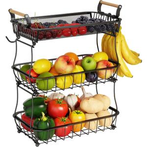 ANTOPY 3 Tier Fruit Basket with 2 Banana Hangers, Countertop Fruit Vegetable Basket Bowl for Kitchen Counter Metal Mesh Basket Fruits Stand Produce Holder Organizer for Onion Potato Bread Snack Veggie (Black (3 Tier with Banana Hangers & Mesh Top))