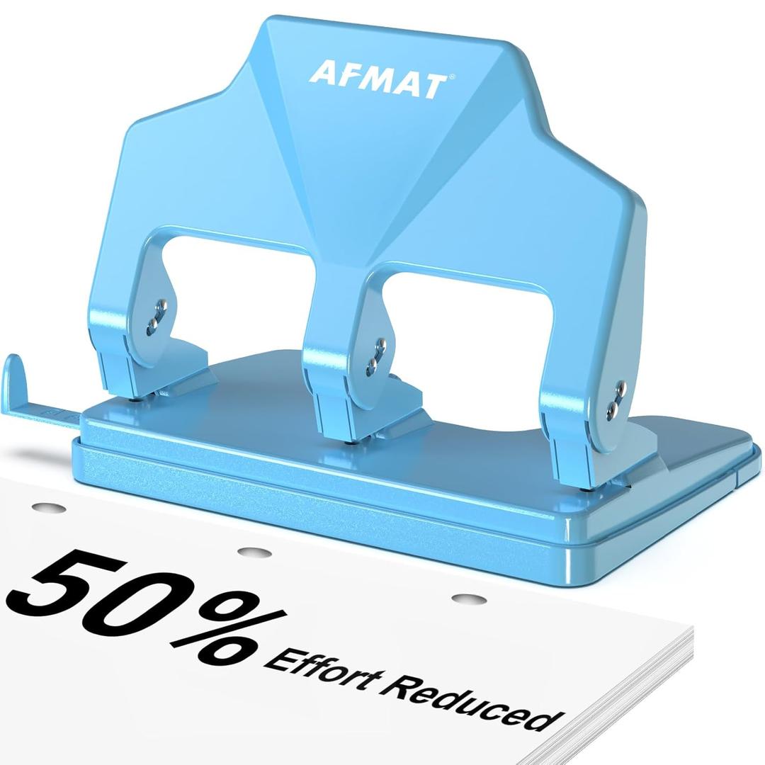 AFMAT 3 Hole Punch Heavy Duty, 40-Sheet Three Hole Punch, 50% Reduced Effort, 3 Hole Puncher for Binder w/Large Chip Tray, 9/32" Holes Diameter, Metal Paper Puncher for Home/Office/School, HP14(Cyan)