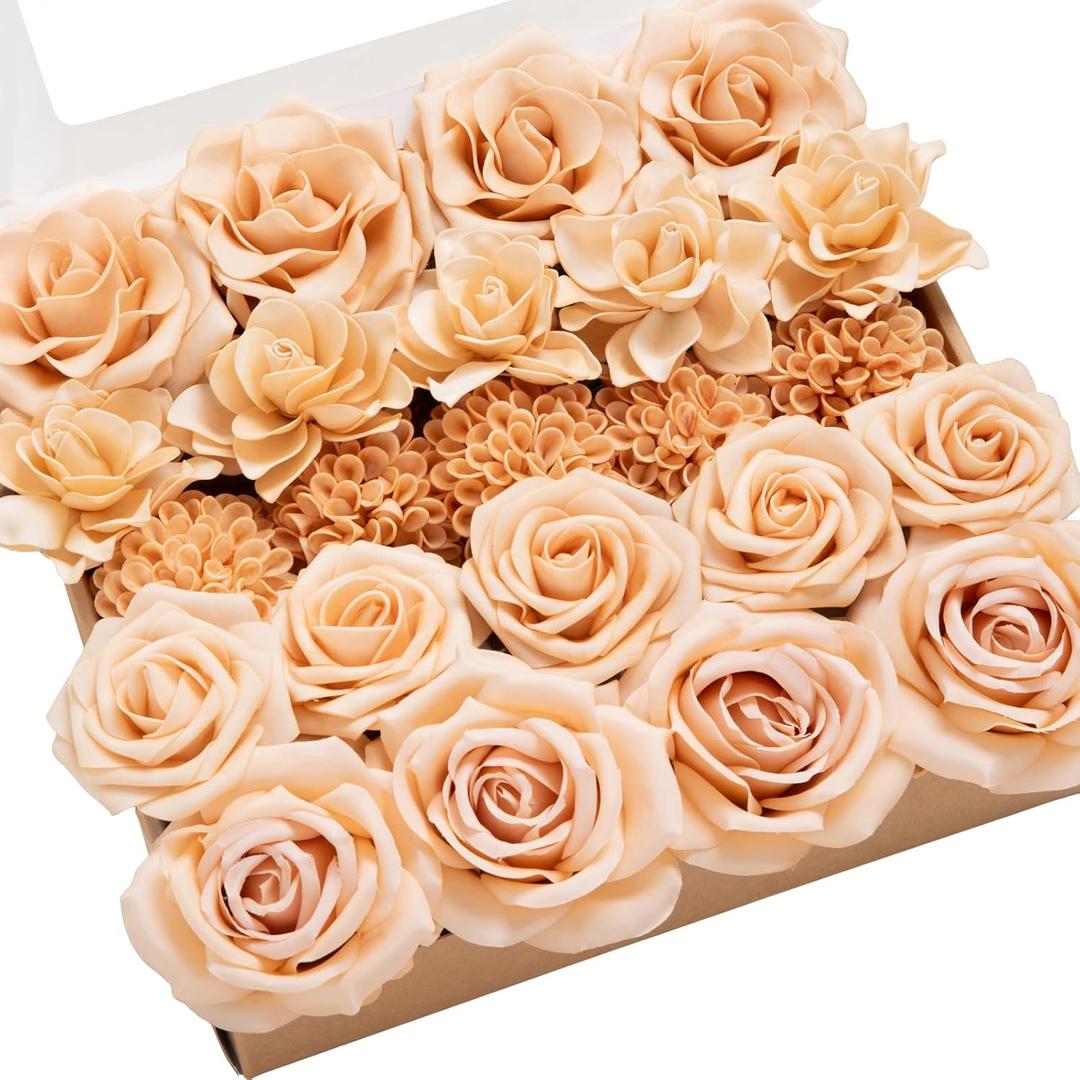 Ling's Moment Artificial Flowers Fake Silk Roses Faux Dahlia Foam Gardenia Combo for DIY Wedding Bouquets Centerpieces Arrangements Bridal Shower Party Home Decorations, Apricot & Peach, 24pcs