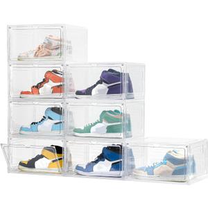 Attelite 8 Pack Shoe Boxes Clear Plastic Stackable, Upgrade Large Shoe Storage Organizer Containers with Magnetic Door for Display Sneaker, Easy Assembly
