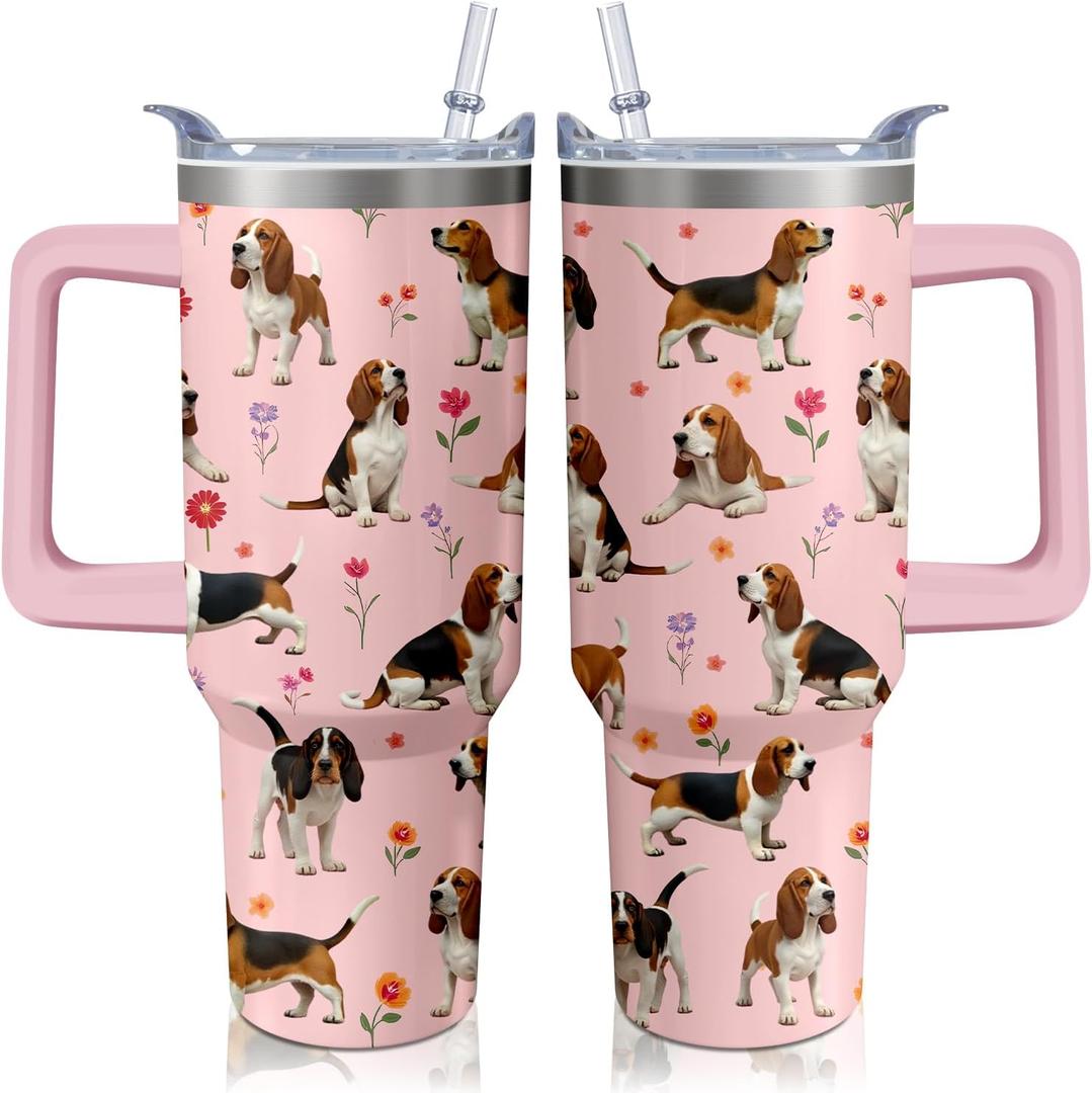 40oz Basset Hound Tumbler with Handle and Straw, Cute Dog Stainless Steel Insulated Cup with Lid and Straw, Travel Coffee Mug Water Bottle, Birthday Mothers Day Gifts for Women Men Animal Lovers