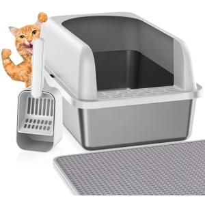 Stainless Steel Litter Box with Lid, Metal Litter Box with Cat Litter Mat, Extra Large Enclosed Cat Litter Boxes for Multiple Cats, Anti-Leakage, Non-Stick, Easy to Clean, Included Mat, Scoop (1 Pack-L)