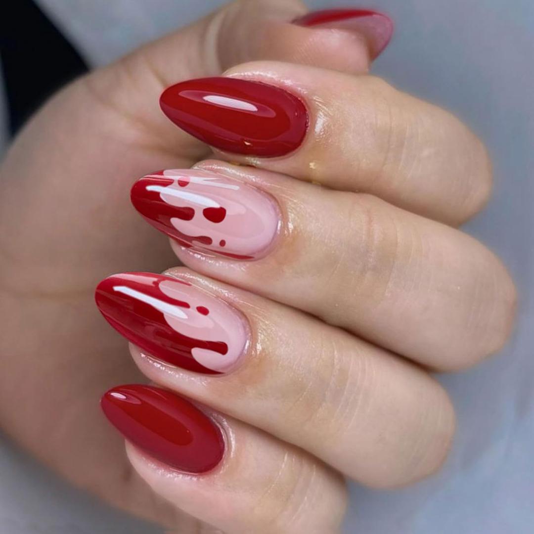 Halloween Press on Nail Medium Red Blood Fake Nail Almond -24Pcs Glue on Nail with Spooky Bloody Deisgn for Women Girls Ful Cover Flase Nail