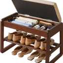 Solid Wood Shoe Bench with Cushion, 2 Tiers Wood Shoe Bench with Flip-Top Storage, 23.62in Shoe Rack for Entryway, Hallway, Walnut Color YD-WD060B