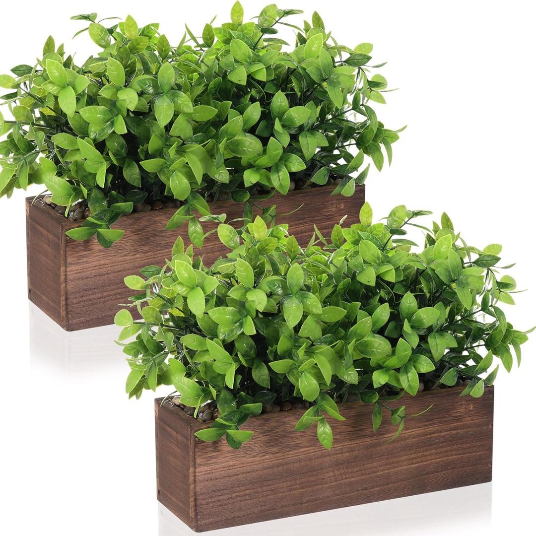 Lyrow 2 Pack Artificial Eucalyptus Plants in Rectangular Rustic Wooden Planter Box Faux Potted Herb Plant Greenery Centerpiece for Cabinet Windowsill Table Shelf Wedding Farmhouse Decor (Brown,11.4'')
