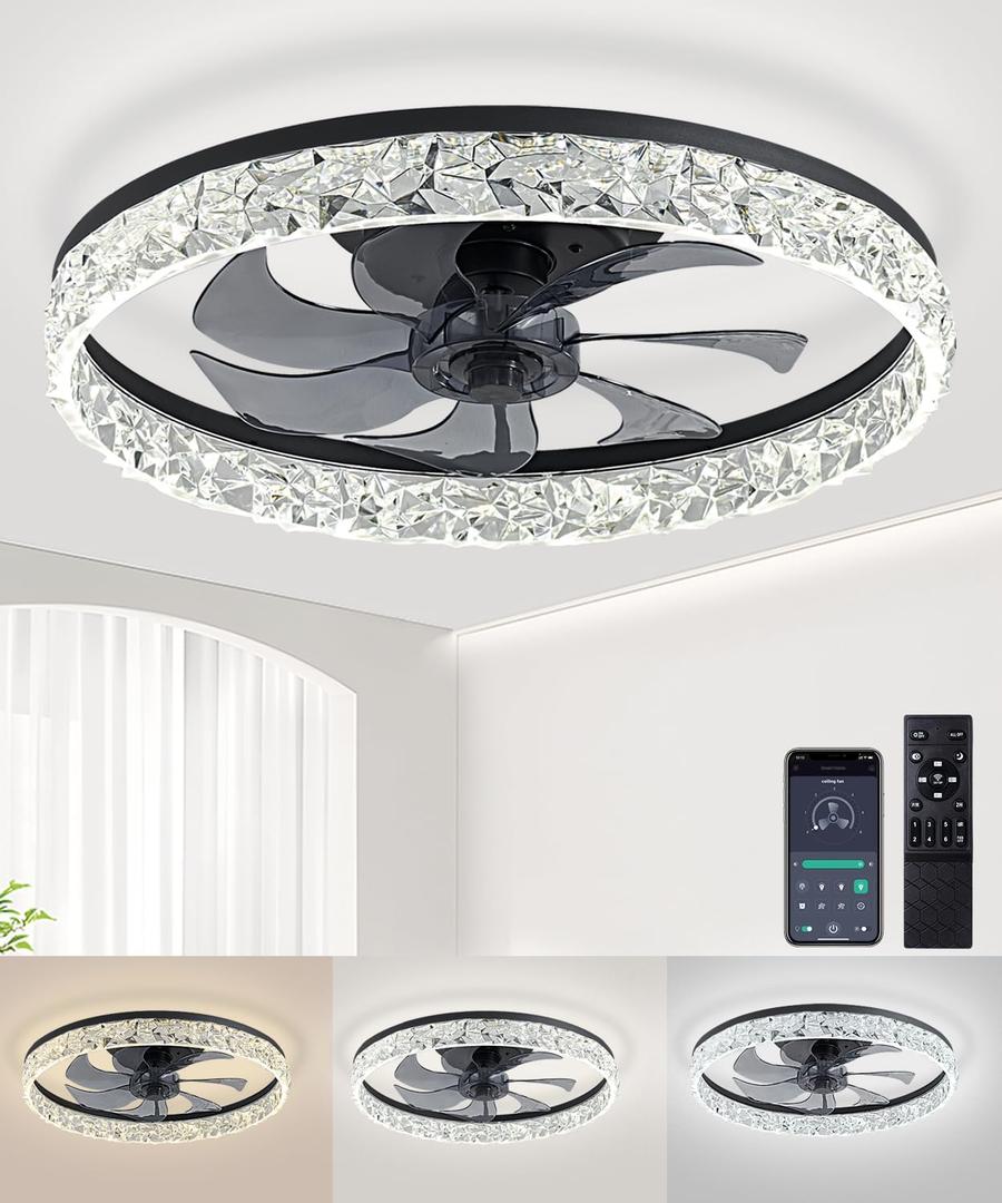 Ceiling Fans with Lights and Remote, 20" Flush Mount Ceiling Fans, Stepless Color Temperature Change and 6 Speeds, for Bedroom, Kids Room, Black (1141- Black)