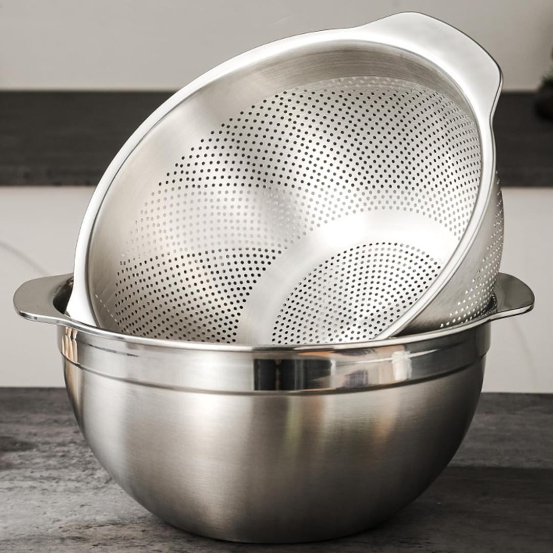 18/8 Stainless Steel Microwell Colander, 5QT Large Capacity with Handle Kitchen Food Strainer5QTColander+5QT Mixing bowl)