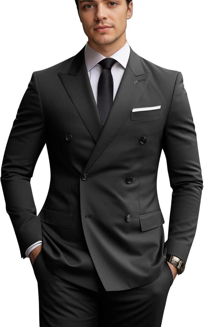 Men's Suit 2 Piece Suits Double Breasted Men Slim Fit Suit Blazer Pants Set Wedding Prom Tuxedos (Large, Black)
