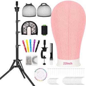 Beauty Star 63inch Tall Wig Stand Tripod with 22inch Mannequin Head, Canvas Block Wig Head Included Adjustable Holder and Wig Caps Kit for Multiple wigs, Perfect for Making Wigs, Display Styling (Pink)