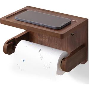 Toilet Paper Holder with Phone Shelf,Bamboo Wall Mounted Tissue Roll Holder for Bathroom (Brown) (1 PC)