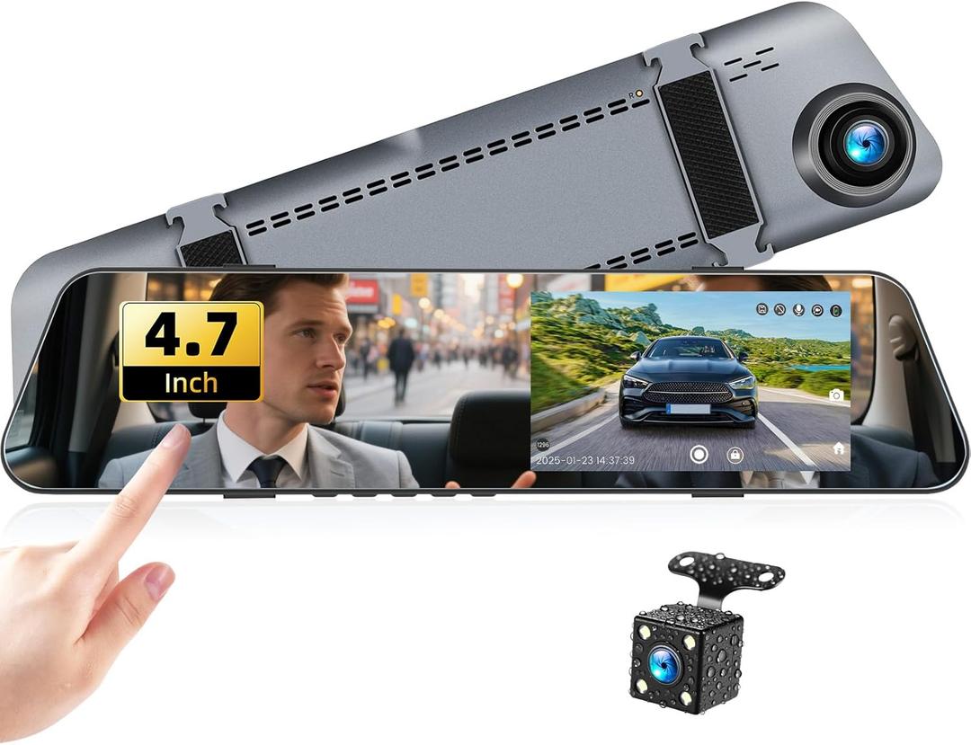 Mirror Dash Cam 4.7 Inch Rear View Mirror 720P Front and Rear View Dual Cameras with Super Night Vision,Parking Assistance,Loop Recording,24H Parking Monitor, Waterproof Backup Camera