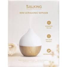 SALKING Essential Oil Diffuser, 100ml Small Aromatherapy Diffuser with Auto Shut-Off Function, Ultrasonic Diffusers for Essential Oils, Cool Mist Humidifier with Warm White Lights, for Office Home (White + Wooden Grain)